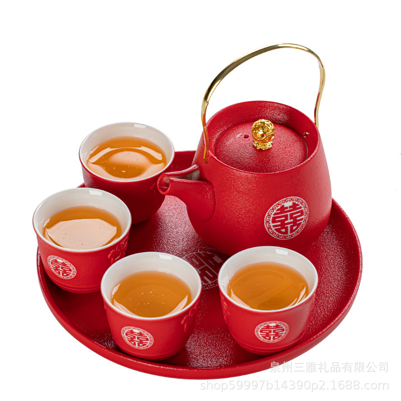 China Red Wedding Red Ceramic Tea Set Wedding Double Happiness Teapot