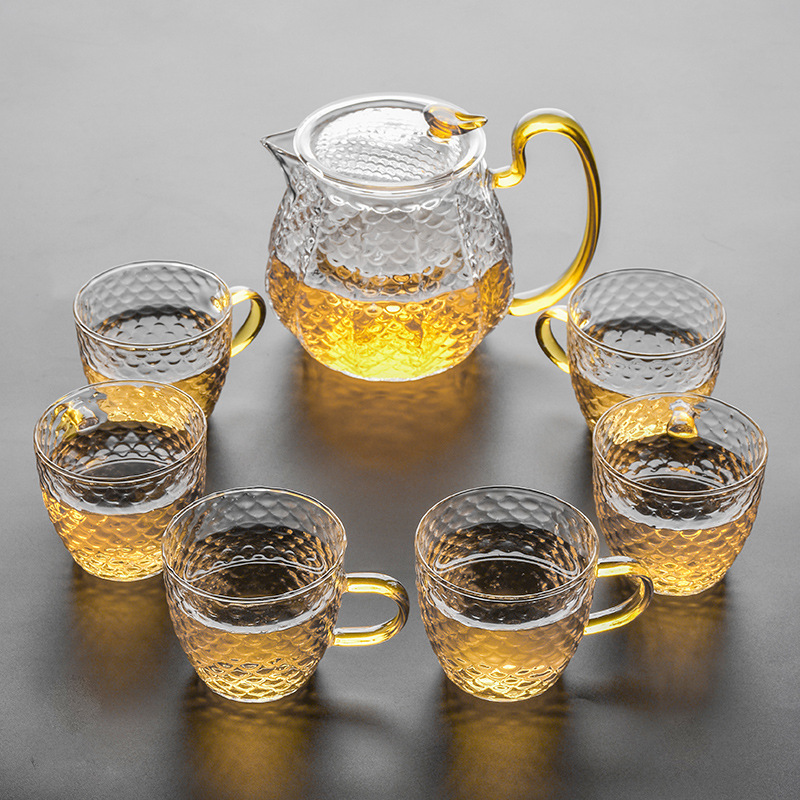 Glass Tea Set - Modern Hammer Pattern Tea Cup Set with High Temperature Resistance and Red Flower Design - Image 5