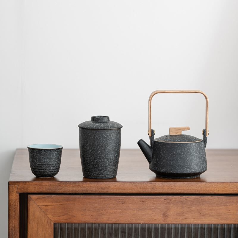 Japanese Enchanting Black Stoneware Tea Set - Image 4