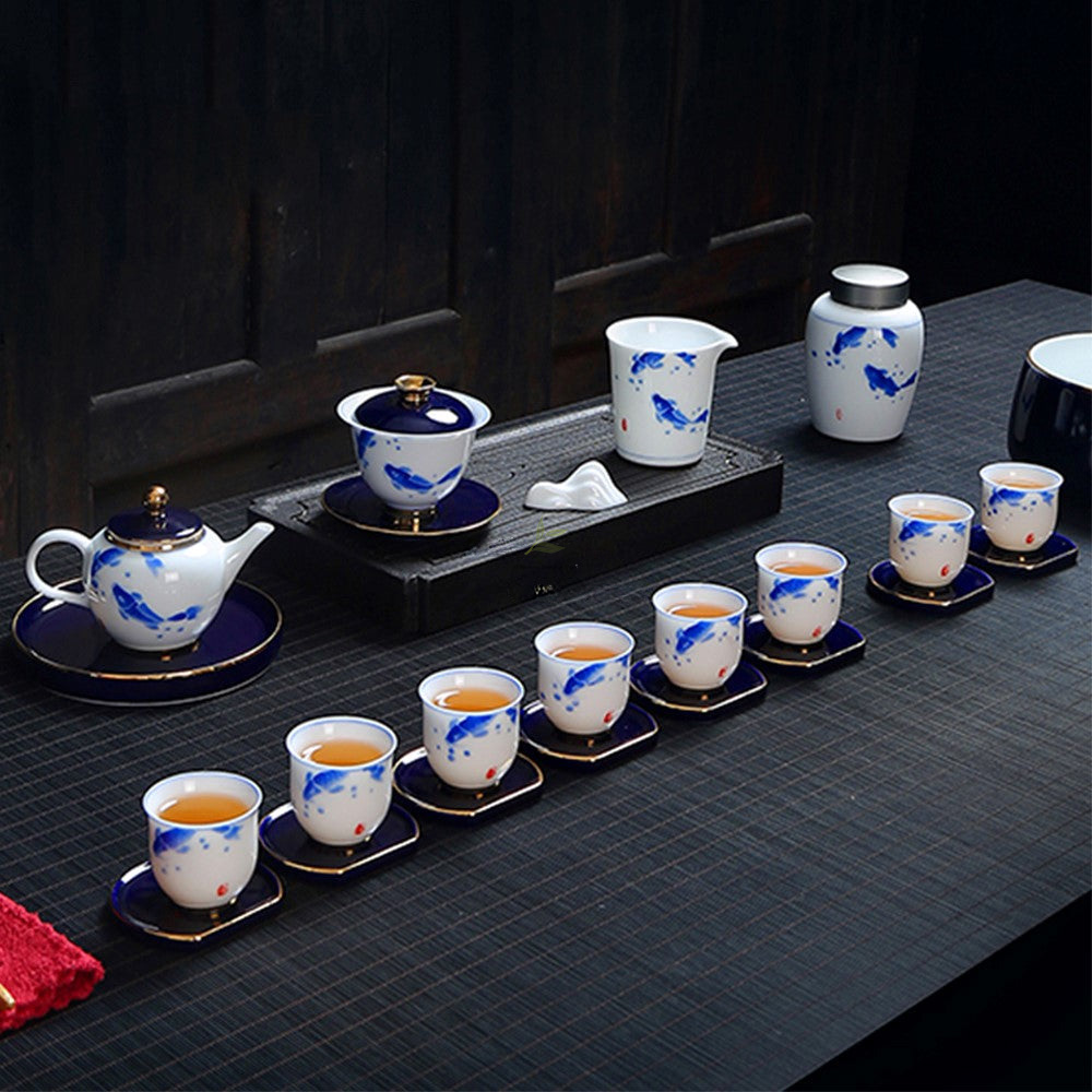 Celestial Porcelain: Hand-Painted Goldfish Tea Set - Image 3