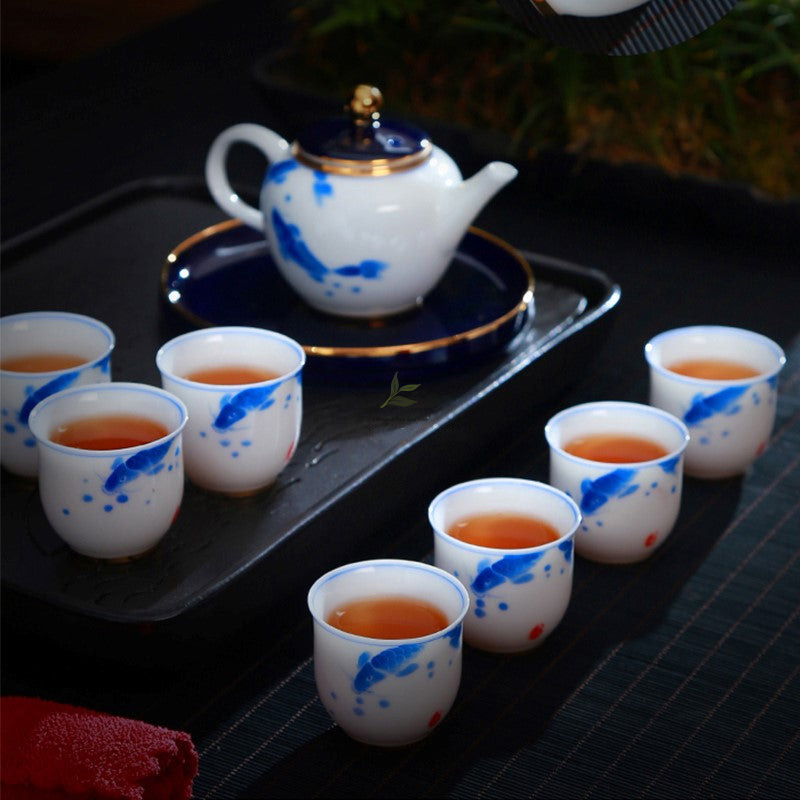 Celestial Porcelain: Hand-Painted Goldfish Tea Set - Image 5