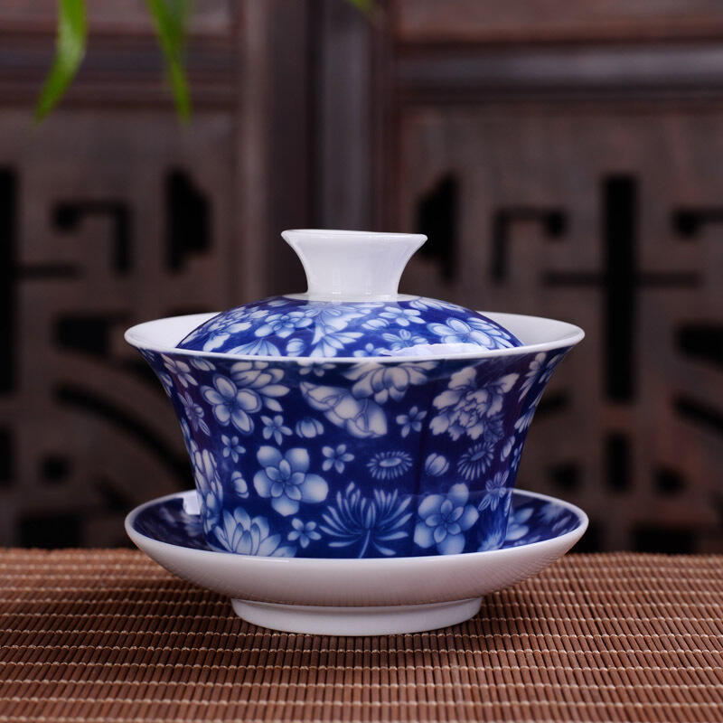 Jingdezhen Kung Fu GaiWan Set - Large Ceramic Three Talent Bowl with Fitted Cover for Tea Brewing - High White Blue and White Design - Wholesale Tea Ware - Image 4