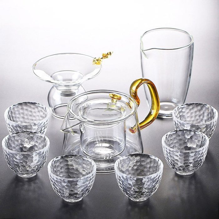 Modern Glass Tea Set with Cognac-Colored Handle
