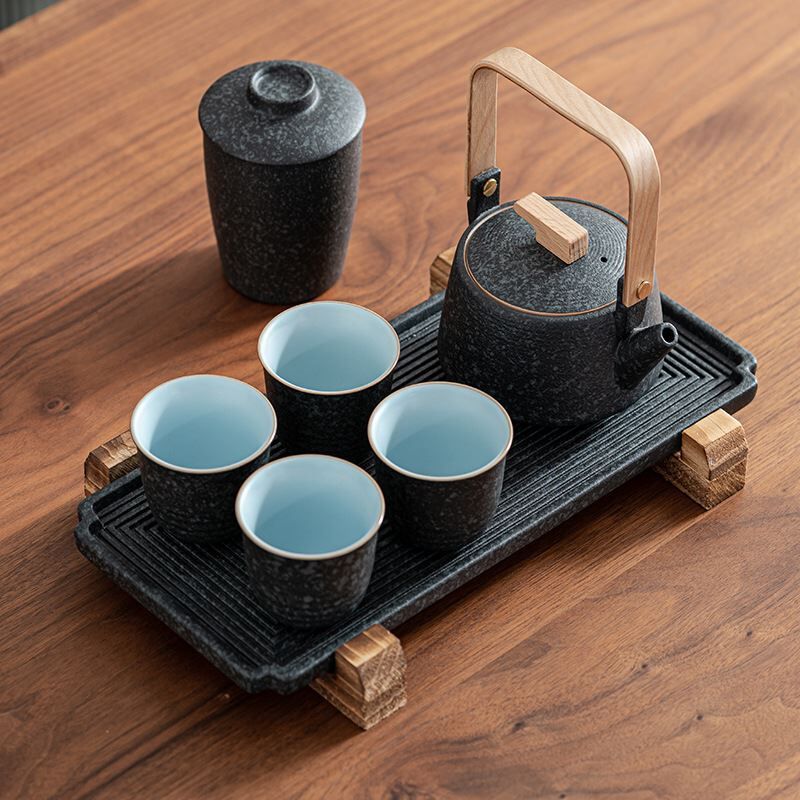 Japanese Enchanting Black Stoneware Tea Set - Image 3
