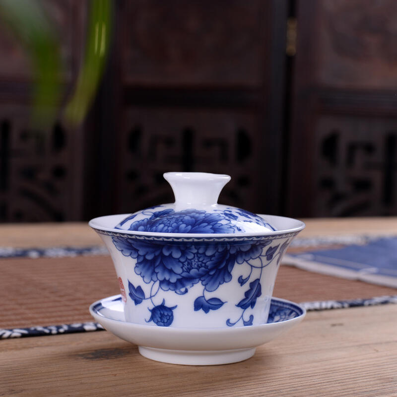 Jingdezhen Kung Fu GaiWan Set - Large Ceramic Three Talent Bowl with Fitted Cover for Tea Brewing - High White Blue and White Design - Wholesale Tea Ware - Image 2