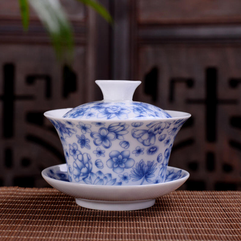 Jingdezhen Kung Fu GaiWan Set - Large Ceramic Three Talent Bowl with Fitted Cover for Tea Brewing - High White Blue and White Design - Wholesale Tea Ware - Image 5