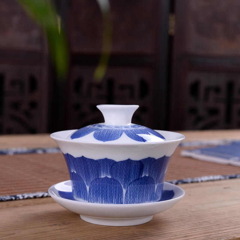 Jingdezhen Kung Fu GaiWan Set - Large Ceramic Three Talent Bowl with Fitted Cover for Tea Brewing - High White Blue and White Design - Wholesale Tea Ware - Image 3