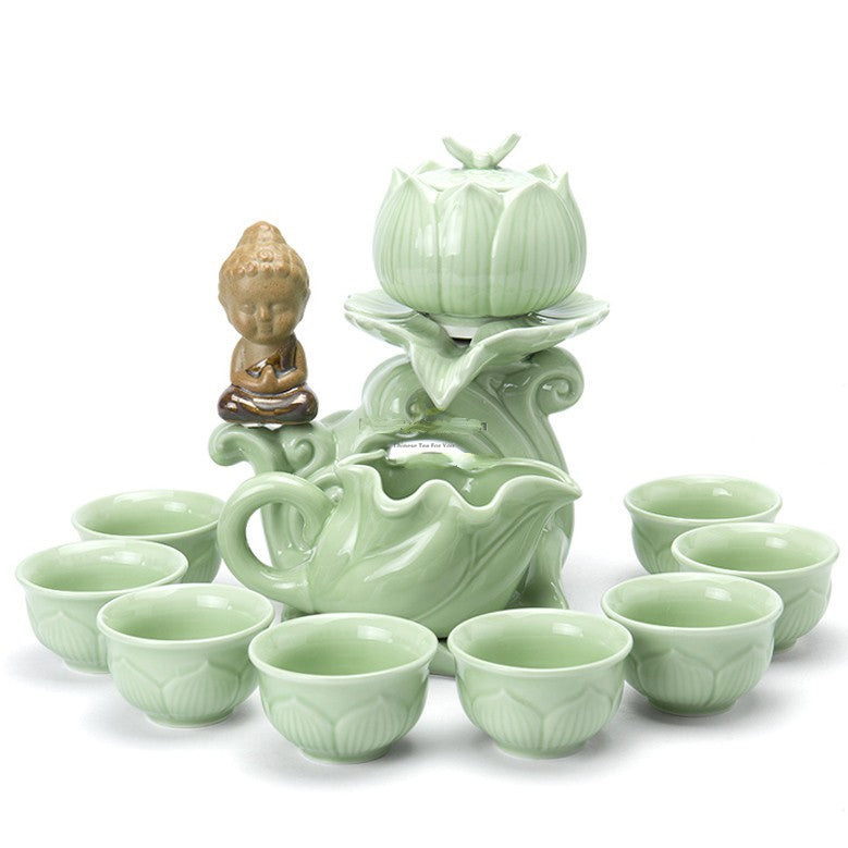 Jade Porcelain Tea Ceremony Set with Automatic Lotus Unveiling Teapot - Image 3