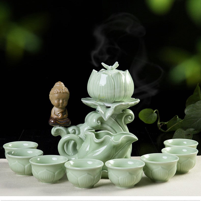 Jade Porcelain Tea Ceremony Set with Automatic Lotus Unveiling Teapot - Image 7