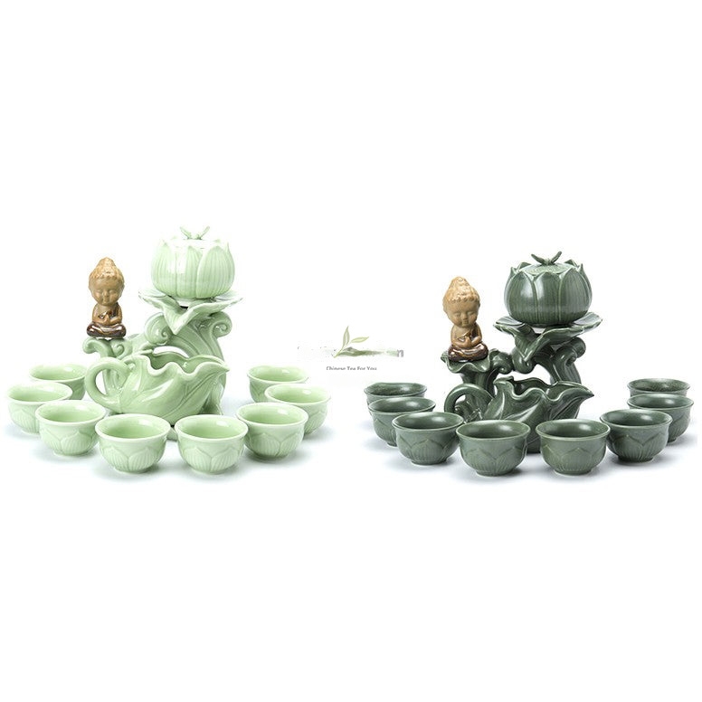 Jade Porcelain Tea Ceremony Set with Automatic Lotus Unveiling Teapot - Image 6