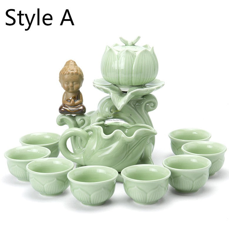 Jade Porcelain Tea Ceremony Set with Automatic Lotus Unveiling Teapot - Image 9